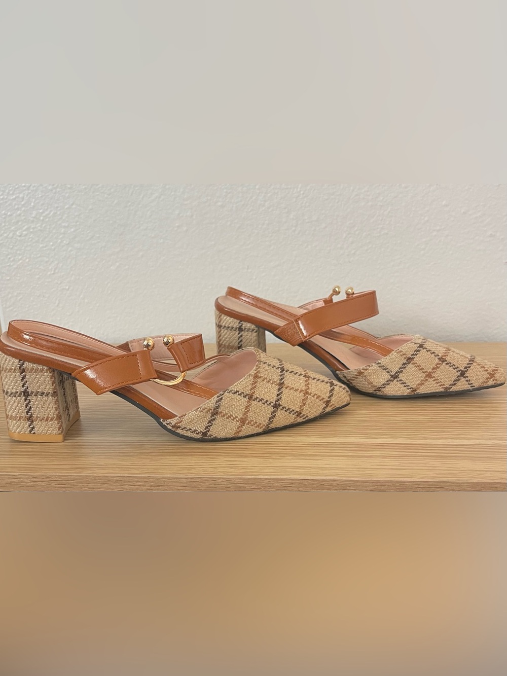 Plaid Pointed-Toe Slingback Mules in Tan - Picture 7 of 7